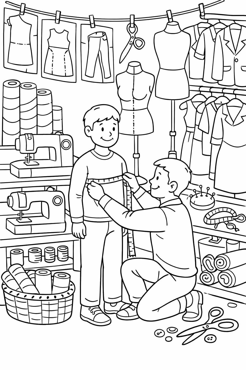 Children can enjoy coloring a detailed tailor shop scene. The image features a tailor measuring a child, surrounded by sewing machines and clothes. Various clothing patterns and fabric rolls provide additional creative coloring opportunities.
