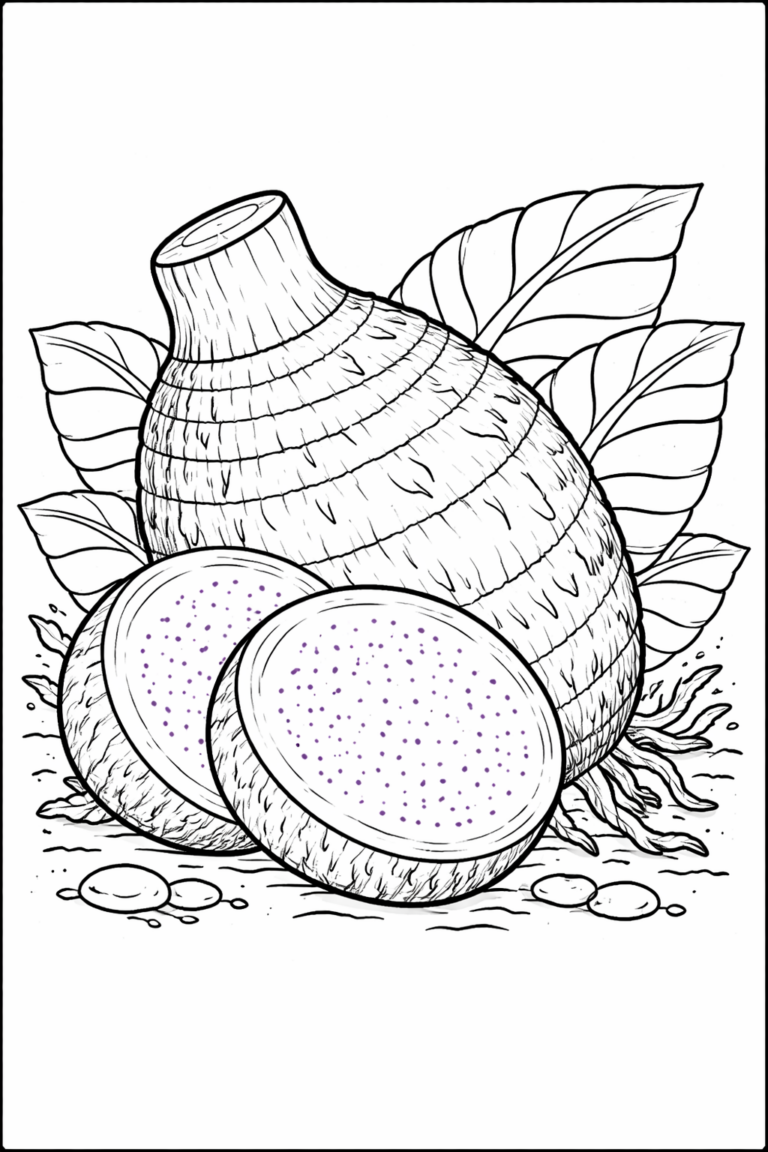A detailed illustration of a taro root and leaves, perfect for coloring. The design includes textured lines and contour details that add depth and realism, making it an enjoyable project for children interested in learning about vegetables.