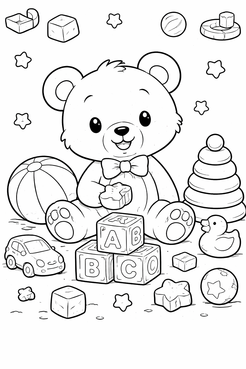 Charming coloring page of a teddy bear with a bowtie, surrounded by a variety of toys including blocks, a ball, and a rubber duck, perfect for kids.