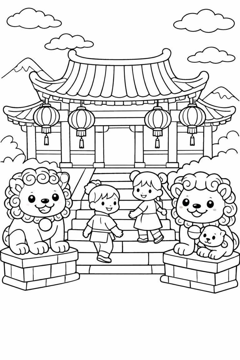 Children at a temple, surrounded by stone lion statues and lanterns, in front of a mountain landscape, ready to be colored.