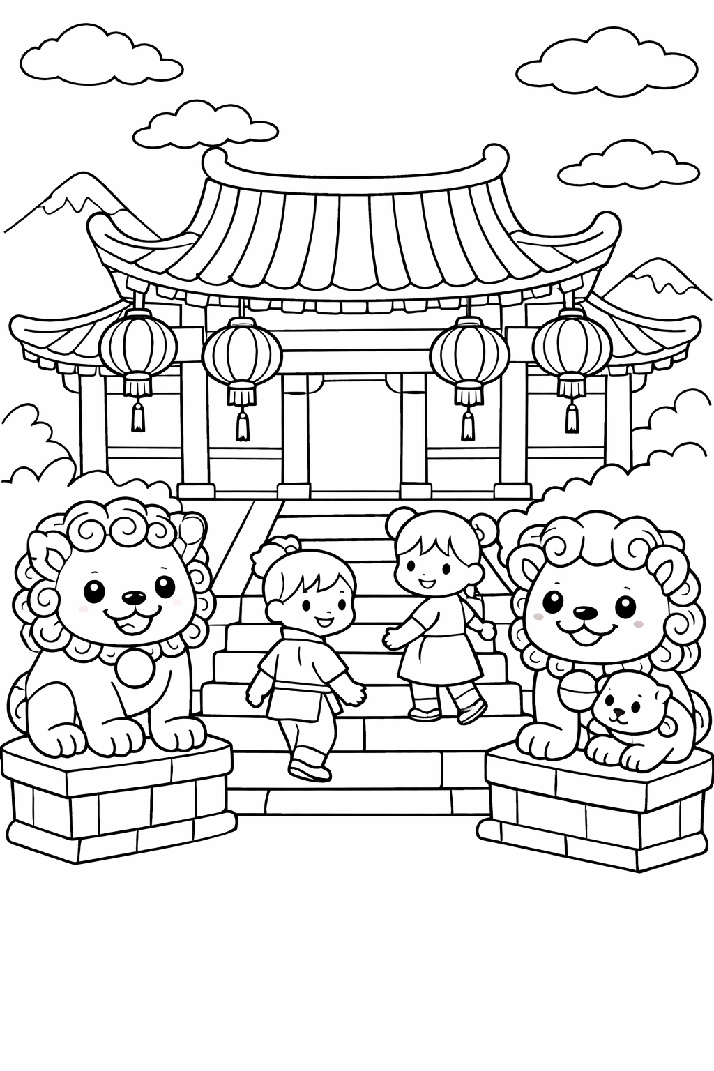 Children at a temple, surrounded by stone lion statues and lanterns, in front of a mountain landscape, ready to be colored.