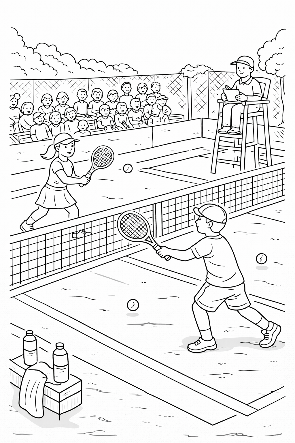 A lively tennis match with two players, rackets swinging as they face off on an outdoor court. An umpire sits on the chair overseeing the game, while spectators watch from the stands, creating an exciting scene for children to color.
