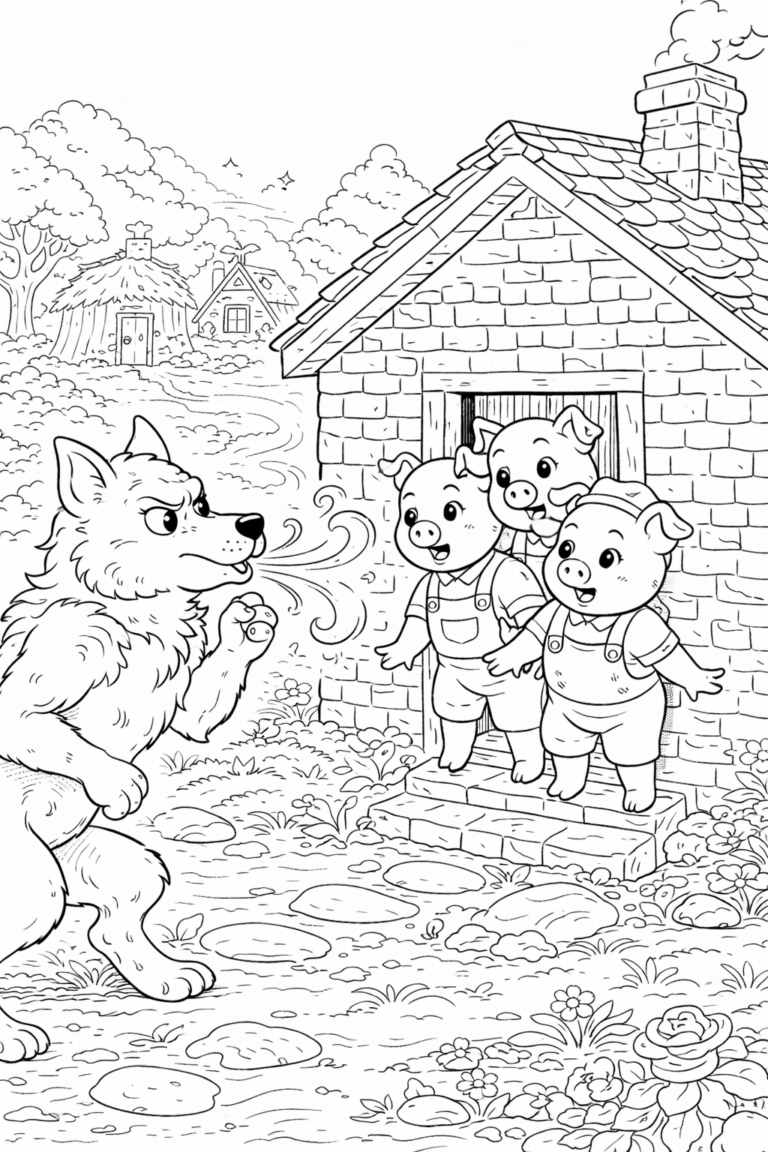 Children's coloring page showing the classic Three Little Pigs story with the wolf trying to blow down the brick house while the pigs watch.