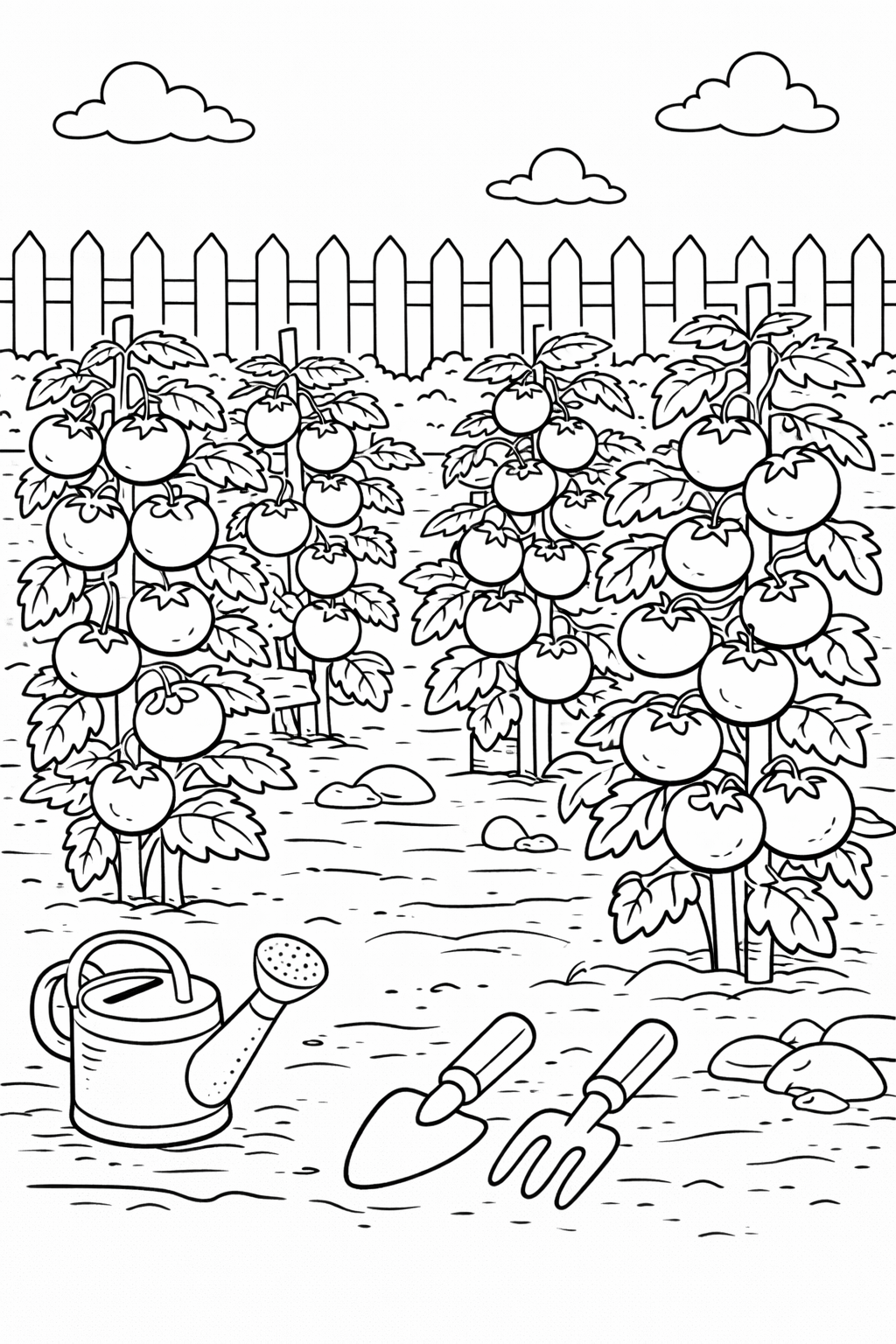 Children's coloring page featuring lush tomato plants, ripe tomatoes, gardening tools, and a peaceful garden setting. Encourages creativity and learning about nature.