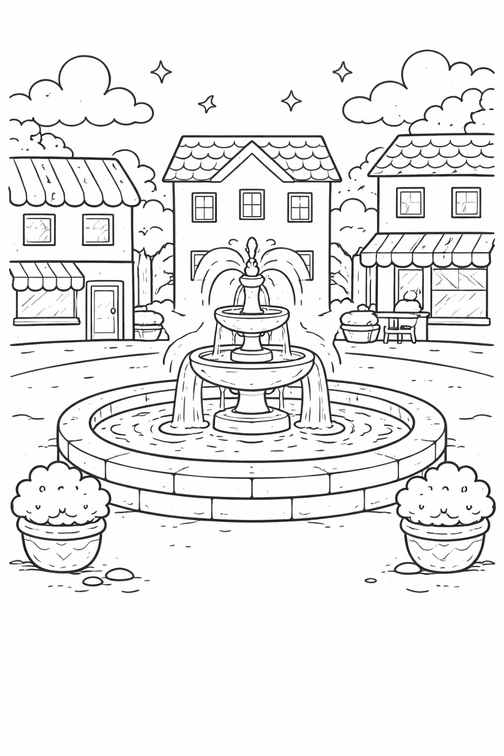 A picturesque town square featuring a grand fountain surrounded by small buildings. Children will enjoy adding color to the detailed architectural elements and the serene environment.