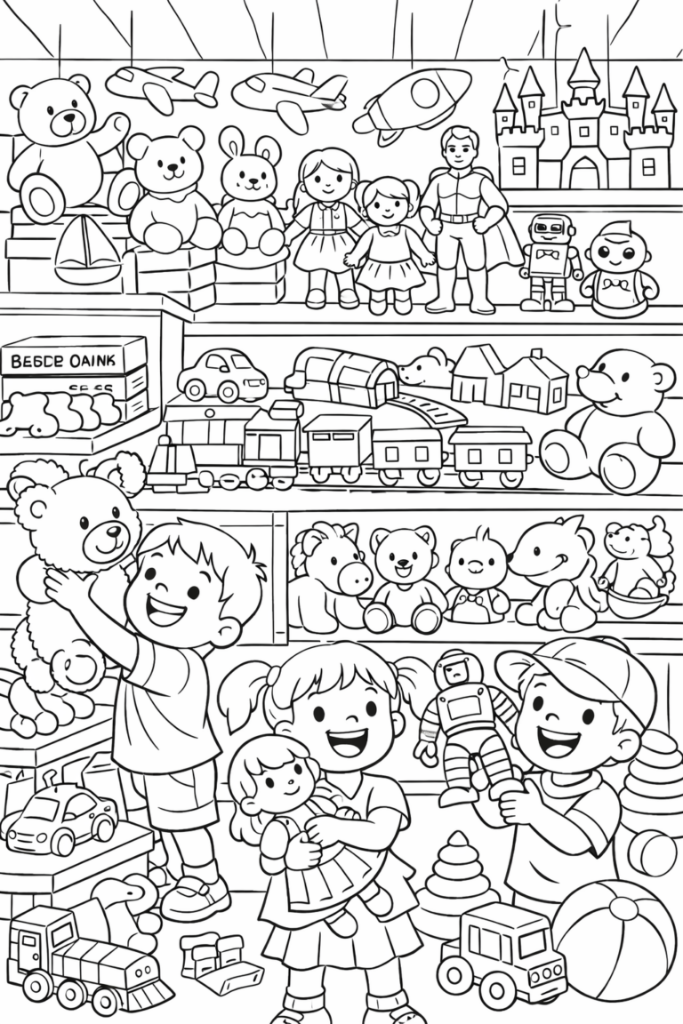 Colorful toy store scene with children playing among teddy bears, planes, and a castle. Kids are depicted with wide smiles as they enjoy various toys like dolls and robots in an imaginative setting full of playful elements.