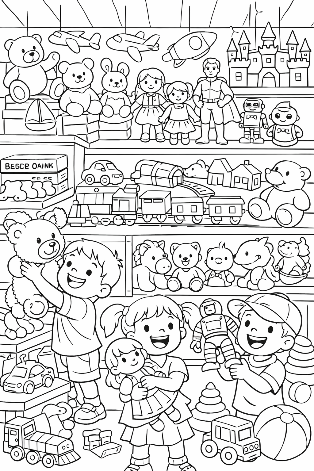 Colorful toy store scene with children playing among teddy bears, planes, and a castle. Kids are depicted with wide smiles as they enjoy various toys like dolls and robots in an imaginative setting full of playful elements.