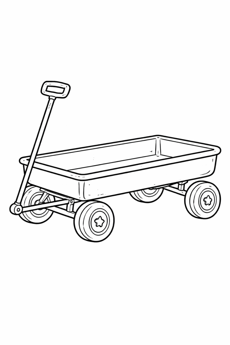 A children's coloring page showcasing a toy wagon with four large wheels and a pull handle, inviting kids to add their favorite colors and spark creativity.