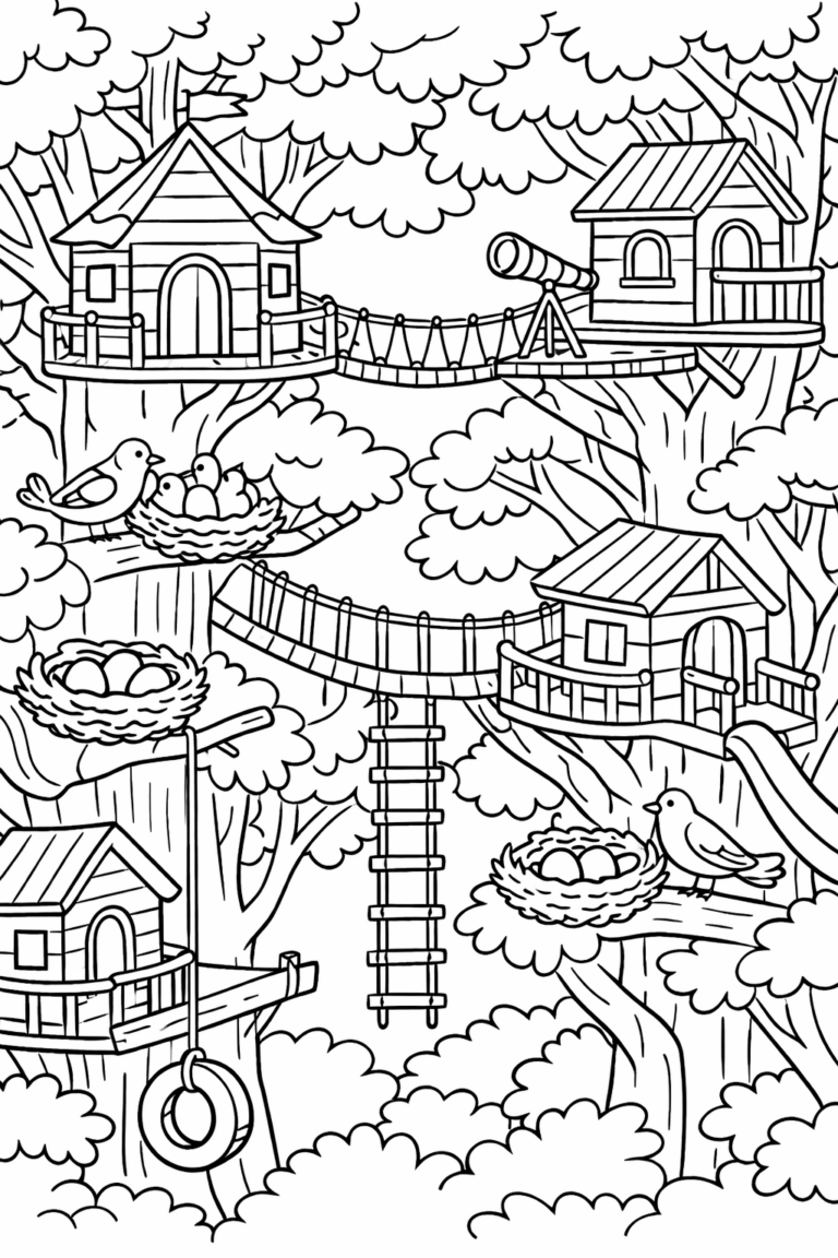 A detailed coloring page of treehouses connected by bridges among trees. Birds and nests add a nature element, offering children a fun coloring activity with an adventurous outdoor theme.
