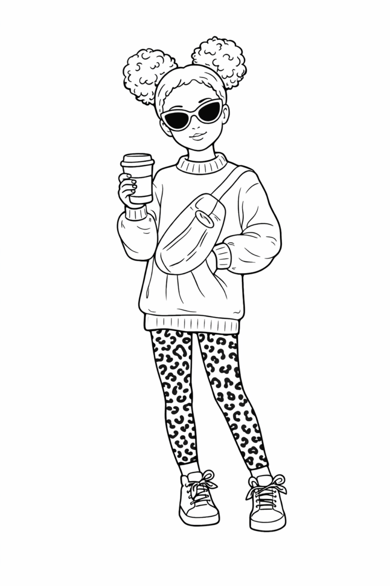 A trendy girl with sunglasses, a cozy sweater, and animal print leggings holding a coffee cup, designed for children to color.