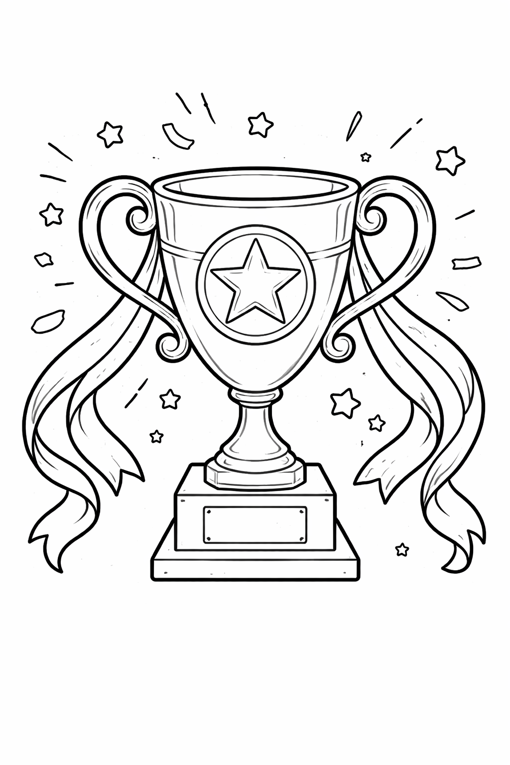 A trophy with elaborate handles and a central star, surrounded by decorative ribbons and stars. Perfect for children to color and personalize during celebrations or events commemorating achievements.
