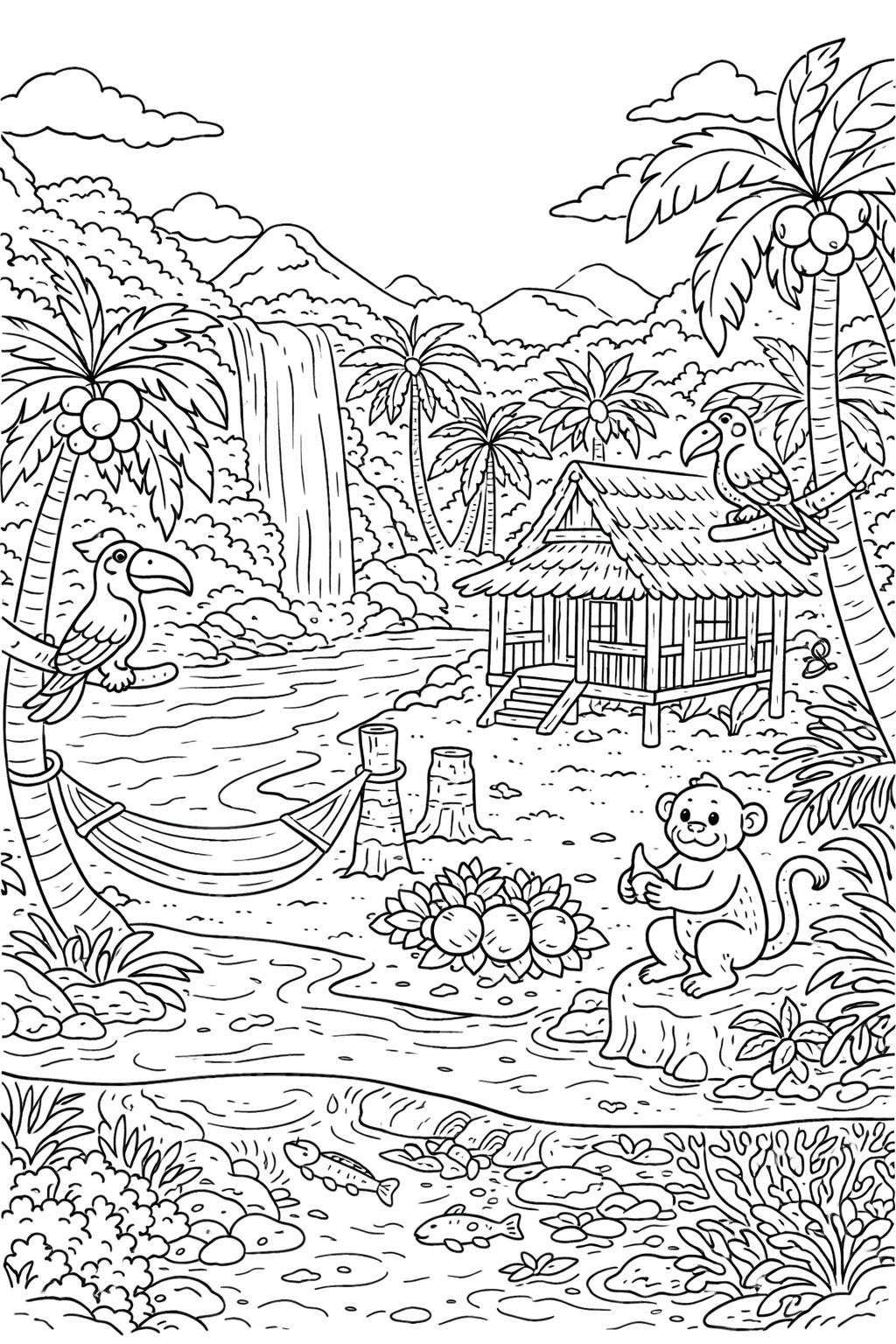 A lively tropical jungle scene with monkeys, toucans, and a waterfall. The coloring page includes a cozy hut, a hammock, and vibrant trees, inviting children to explore exotic animals and a lush landscape in vibrant colors.