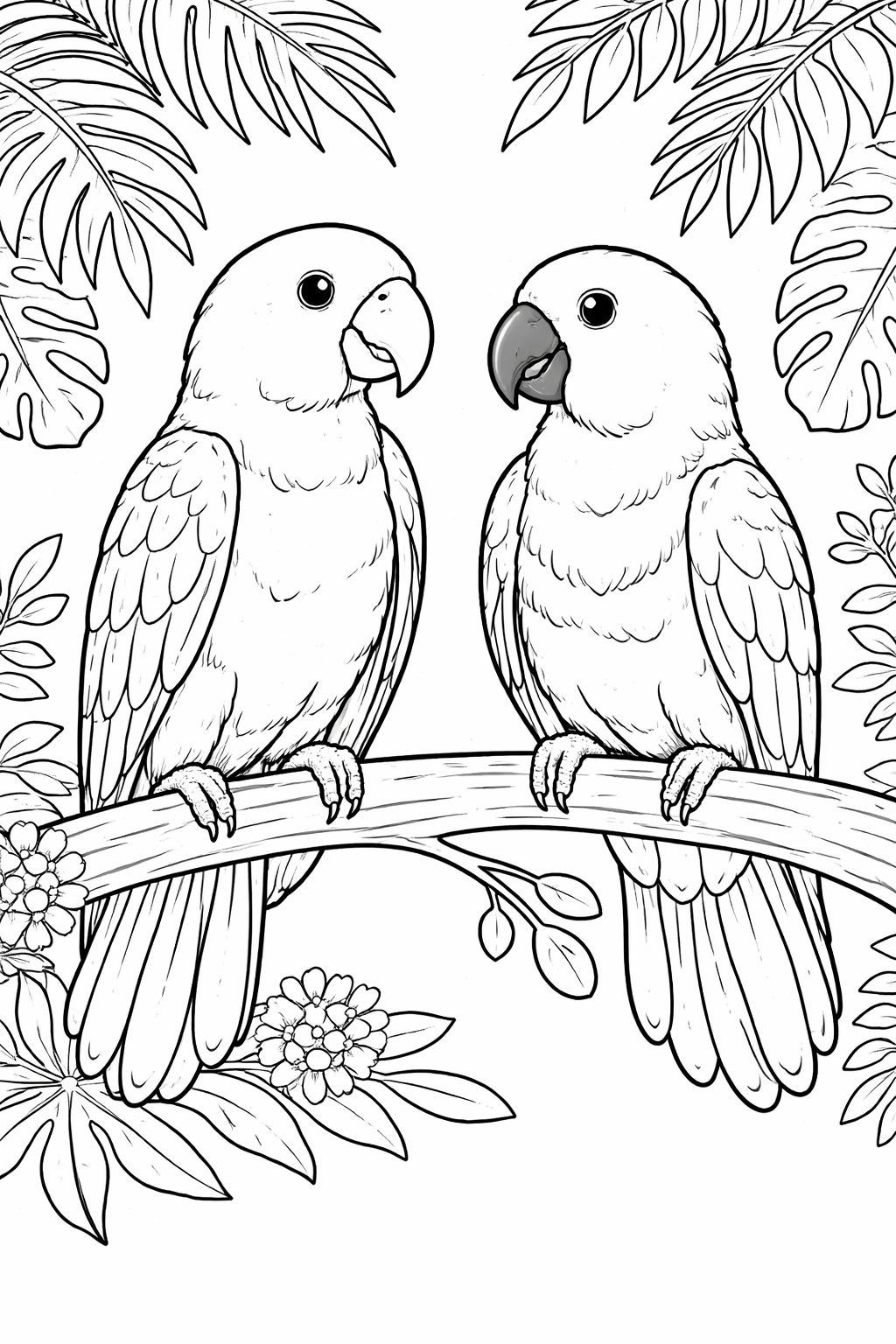 A coloring page showing two tropical parrots perched on a branch amidst detailed foliage and flowers. Perfect scene for children to use bright, vivid colors to bring life to the parrots and jungle setting.