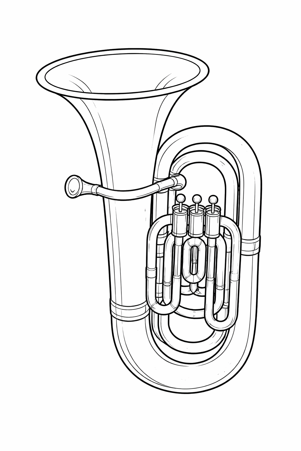This coloring page showcases a detailed line drawing of a tuba. Children can color the smooth bell and intricate valves, bringing this classic brass instrument to life.