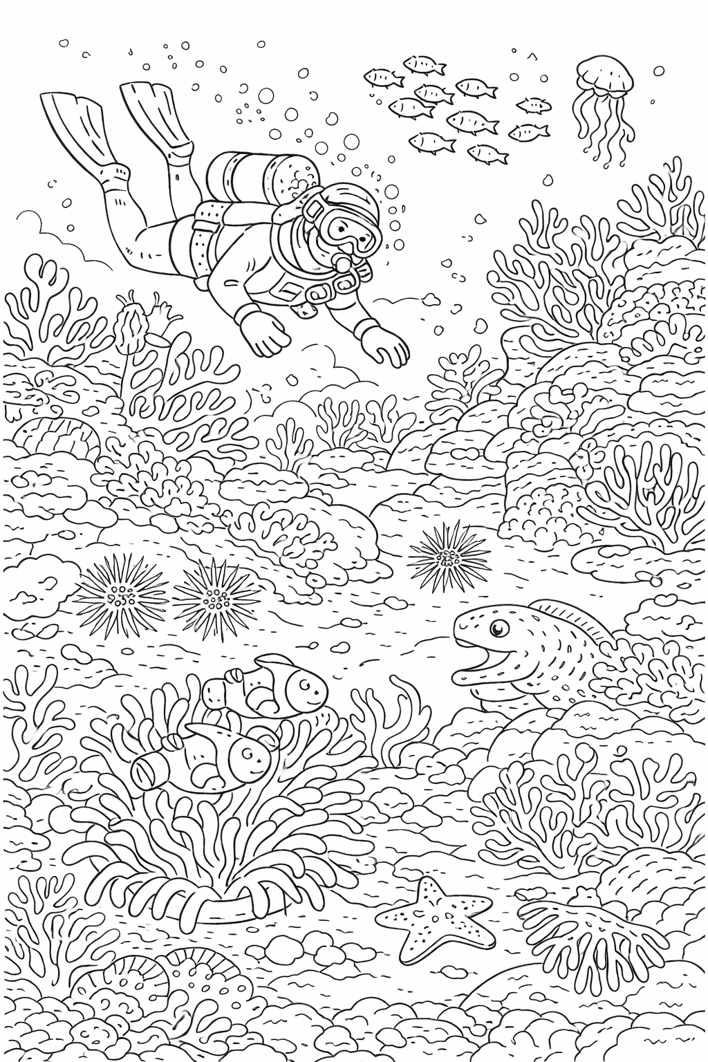 A coloring page of an underwater adventure featuring a diver and various marine life, including fish, a jellyfish, and vibrant corals. Children can immerse themselves in this engaging scene.
