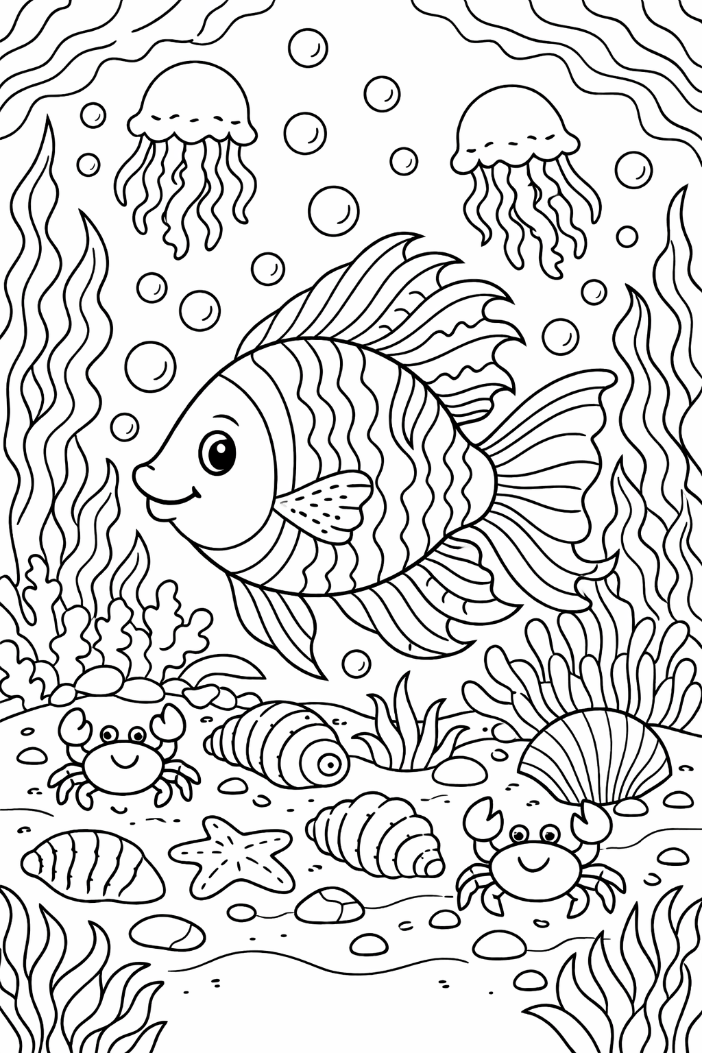 An underwater scene with a happy fish, crabs, jellyfish, and seashells for children to color. The page offers a delightful activity with various sea creatures.
