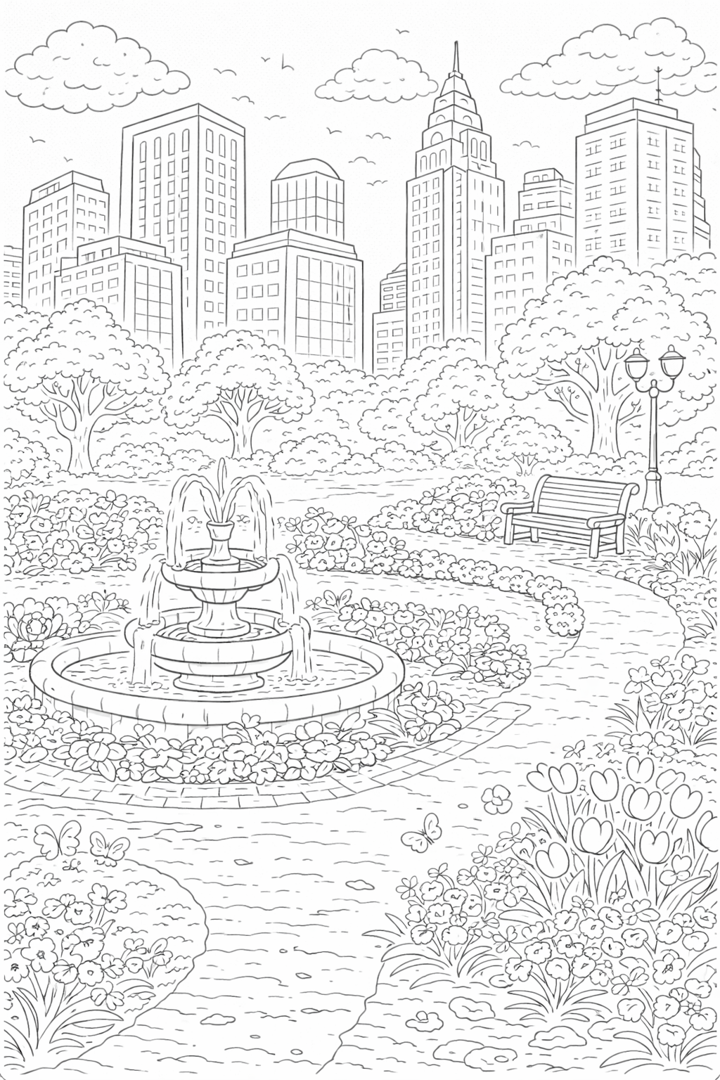 A coloring page showing an urban park full of trees, a fountain, and flowers. The skyline features skyscrapers under a cloudy sky. Children can enjoy coloring this lively cityscape and natural setting.