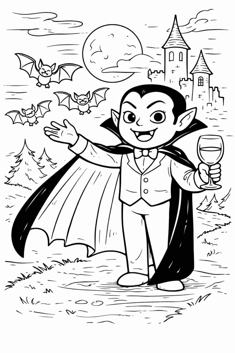 A cheerful vampire waving near a spooky castle with bats flying around under a full moon. Perfect for kids to color and enjoy a fun mythical scene.
