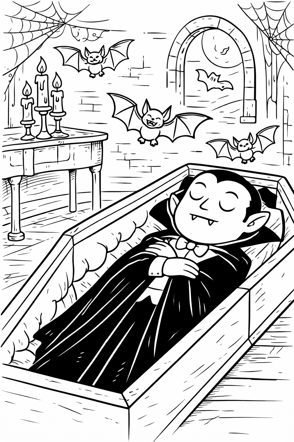 A fun vampire coloring page showing a vampire sleeping in a coffin with adorable bats flying around, set in a spooky room with cobwebs and candles, enticing children to color.