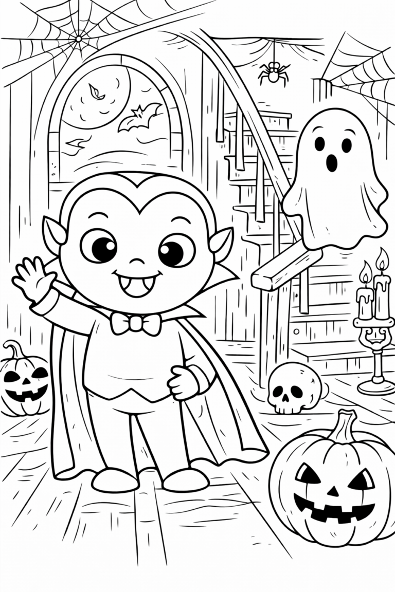 A friendly vampire waves in a Halloween scene with ghost, bats, spider webs, Jack-o'-lanterns, and glowing candles, perfect for a children's coloring page.