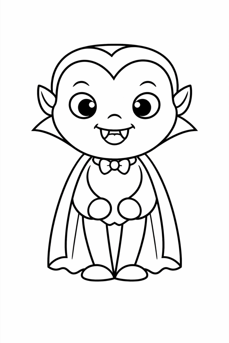 An adorable vampire character with big eyes, a friendly smile, and a classic cape and bow tie, perfect for children to color and enjoy during Halloween or other creative activities.