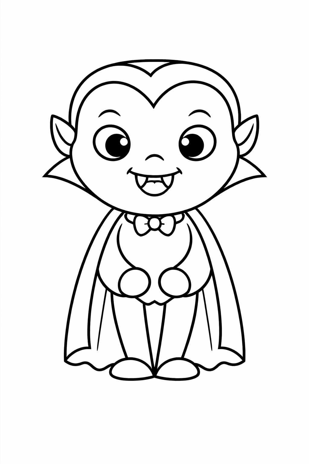 An adorable vampire character with big eyes, a friendly smile, and a classic cape and bow tie, perfect for children to color and enjoy during Halloween or other creative activities.