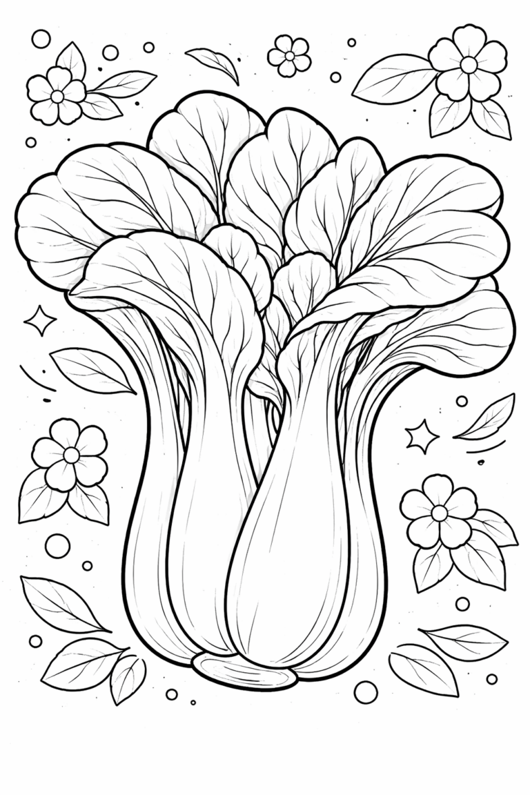 Children's coloring page with a detailed drawing of bok choy surrounded by flowers and leaves, perfect for kids to explore nature and vegetables through coloring.