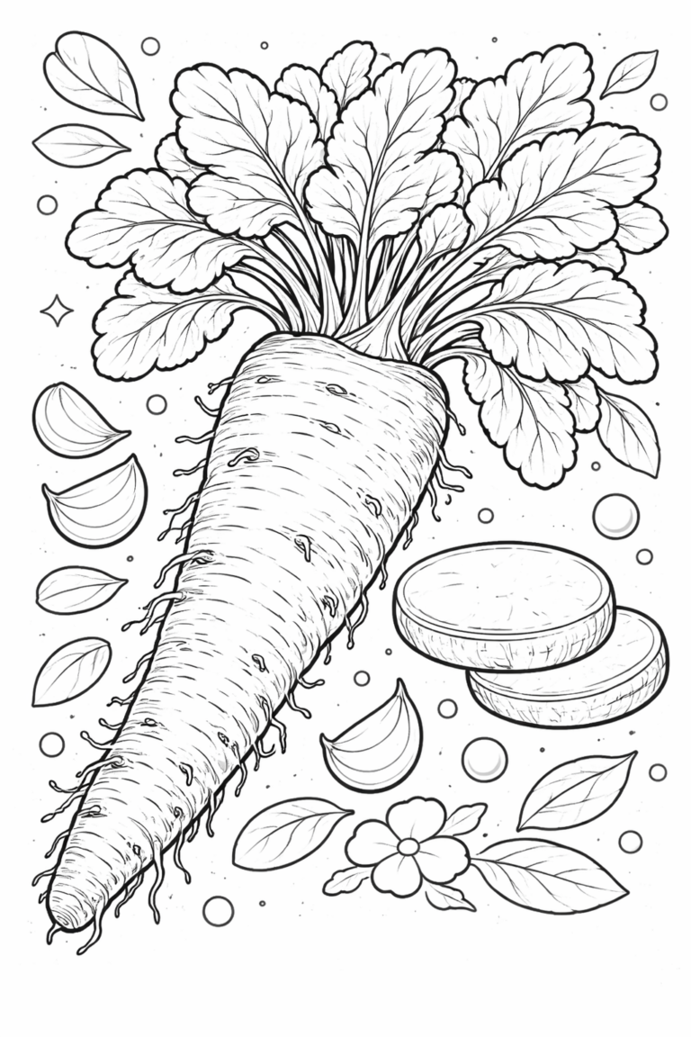 A detailed children's coloring page featuring a large carrot with leafy greens and sliced pieces, surrounded by additional leaves and small decorative elements, encouraging educational coloring and creative play.