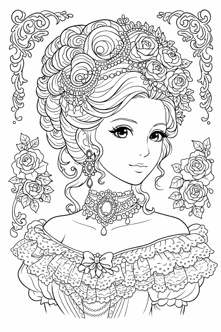 Color an elegant Victorian princess with intricate jewelry, surrounded by roses. Rich details in her dress and hair create a captivating coloring experience for children.