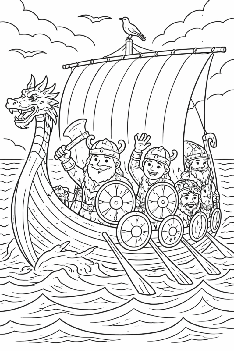 Detailed coloring page of a Viking ship with a dragon figurehead. The ship is manned by lively Vikings with shields and helmets, ready for a sea voyage. Perfect for kids to learn about Viking adventures through coloring fun.