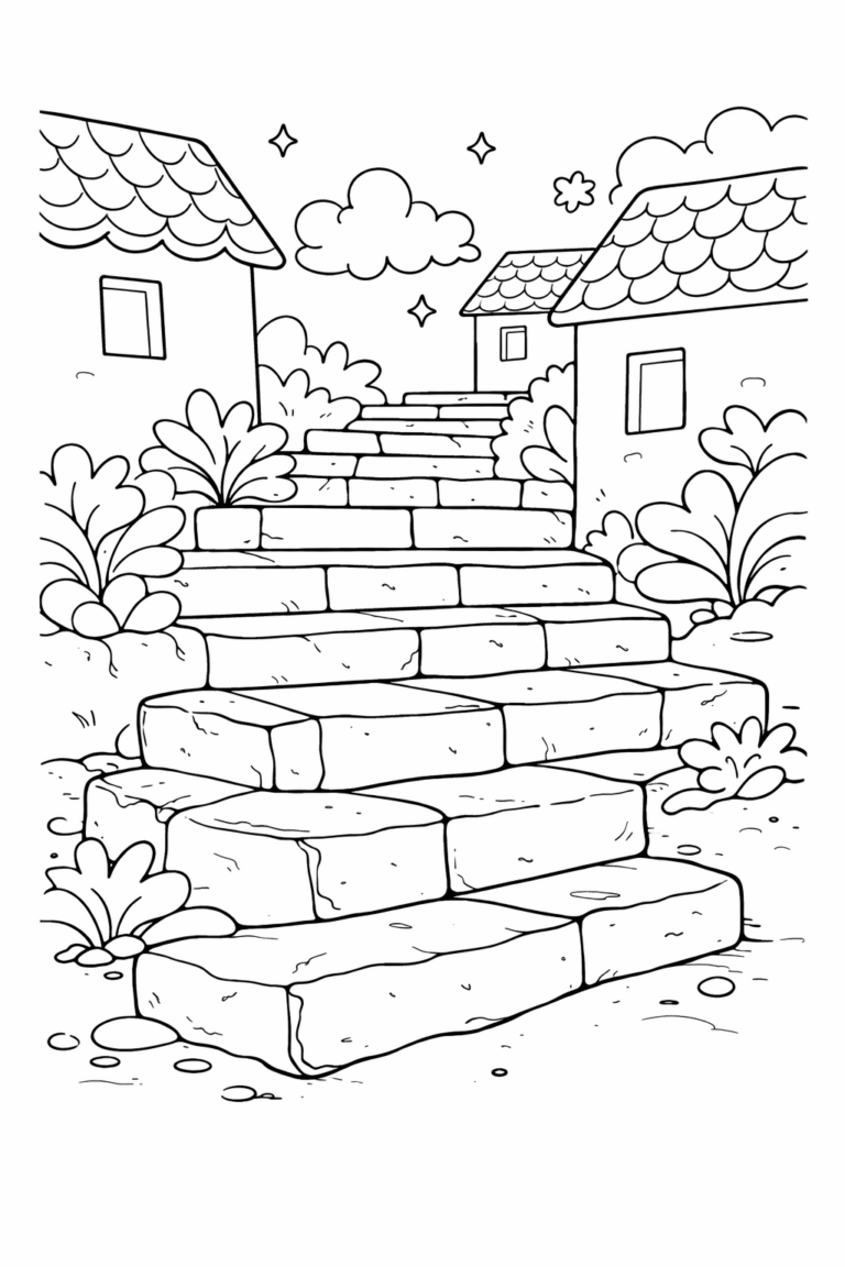 A delightful village scene with stone steps, quaint houses, and lush bushes, perfect for a children's coloring activity.