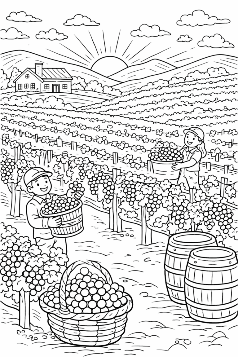 A detailed vineyard coloring page shows children collecting grapes. Rows of grapevines stretch through the landscape with a house and hills in the distance, providing a peaceful setting for coloring fun.