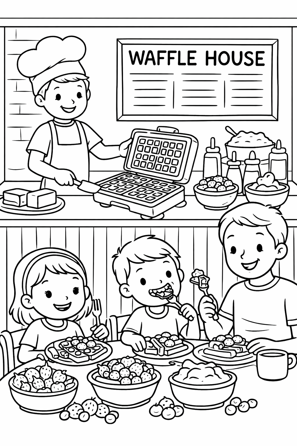 A coloring page of a waffle house scene with a chef preparing waffles and a family enjoying breakfast with fruits and toppings.