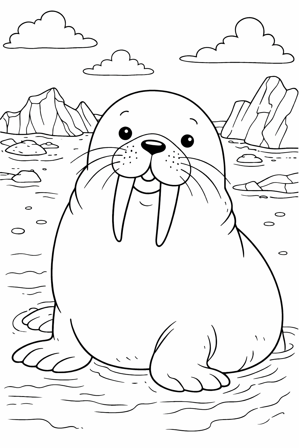 A cute walrus with tusks sits in icy water surrounded by icebergs and fluffy clouds, ideal for kids to color.