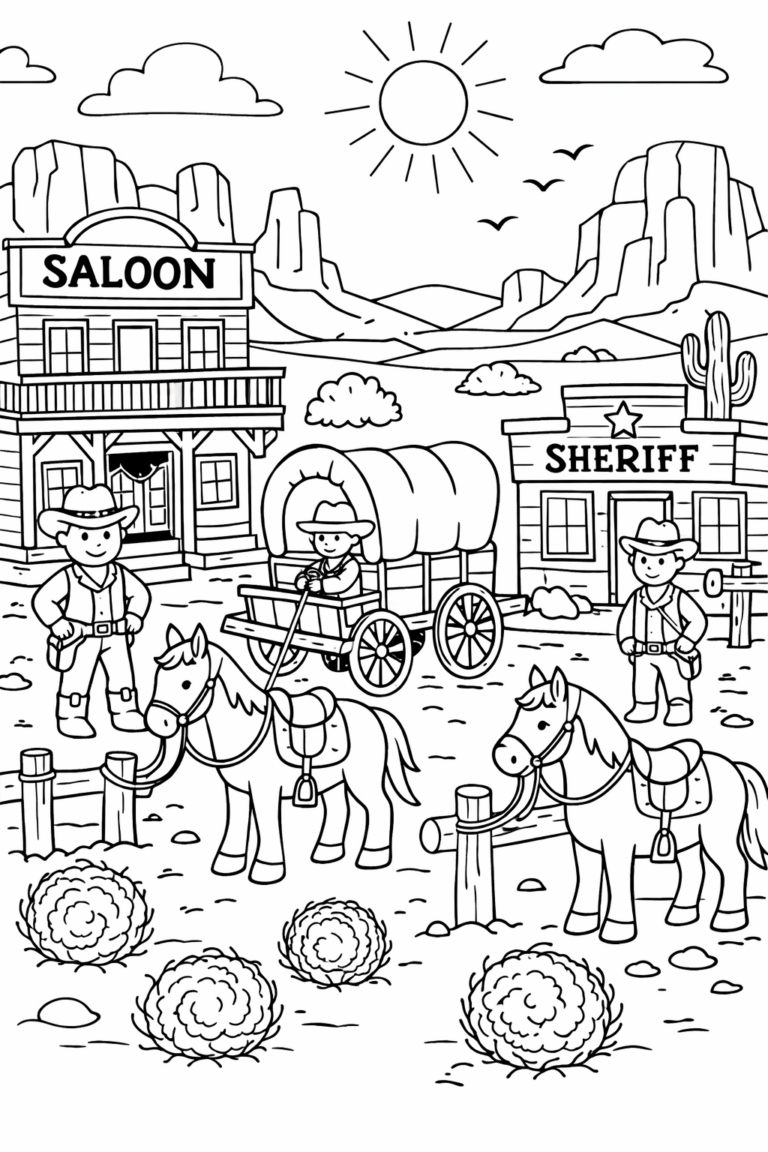 Children's coloring page of a Wild West scene with cowboys, horses, a covered wagon, and buildings like a saloon and sheriff's office. The background shows mountains and the sun in a desert landscape, perfect for imaginative coloring fun.