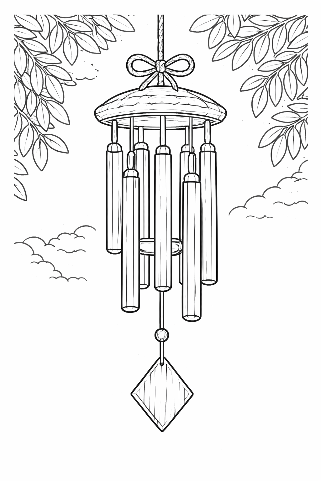 A detailed wind chime hangs among leafy branches, offering children a fun and creative coloring activity to enhance their artistic skills.