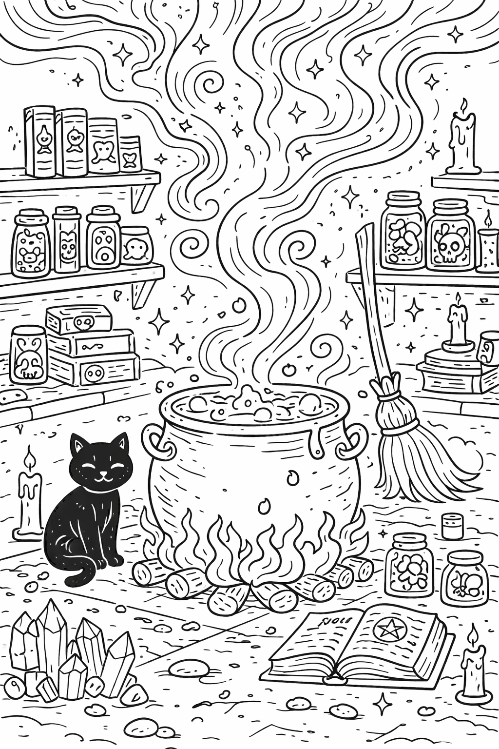 A coloring page depicting a witch's magical kitchen with a cauldron, jars, broom, and a black cat. Children can color various mystical elements such as a bubbling pot, symbols, and enchanted items scattered across the scene. Ideal for sparking creativity and imagination.