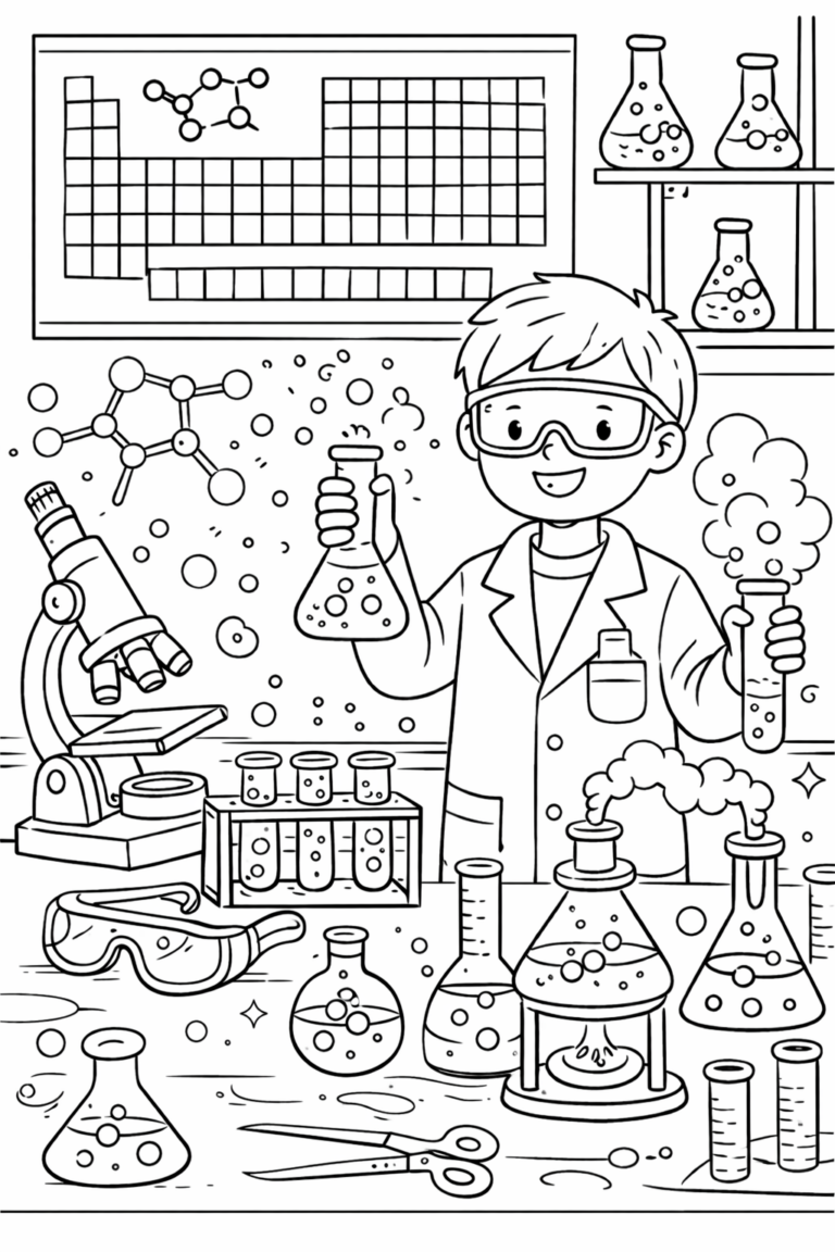 A young scientist in a lab with beakers, test tubes, and a microscope. The child wears safety goggles and is engaged in an experiment with bubbling liquids. A periodic table and molecular structures decorate the background, offering educational fun.