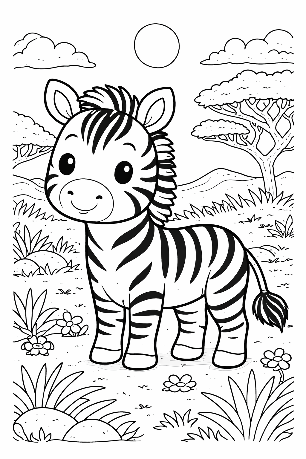 A fun coloring page for kids featuring a cartoon zebra in a savannah setting with trees and grass, inviting young artists to fill it with color and creativity.