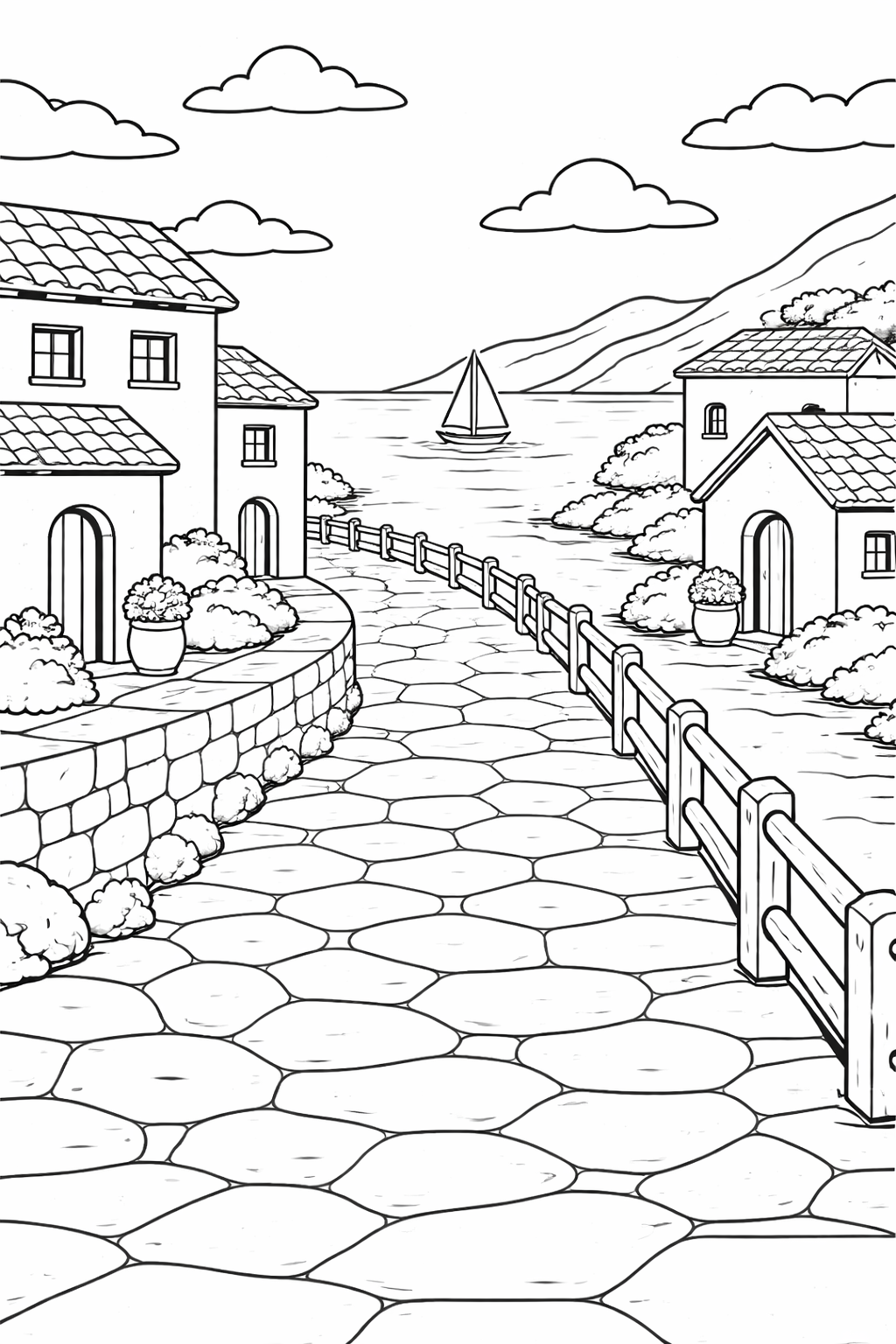 A detailed coloring page of a Mediterranean village featuring stone paths, quaint houses, and a sailboat on calm waters, designed for children to fill with vibrant colors.