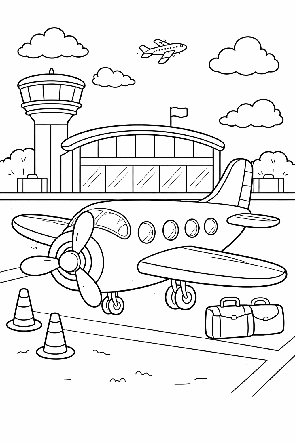 Airport coloring page featuring a parked airplane, a control tower in the background, and clouds in the sky. Perfect for kids to enjoy coloring and exploring the world of aviation. Encourages creativity and imaginative play.