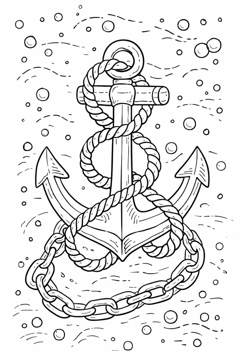 A detailed anchor wrapped with rope, surrounded by bubbles and flowing waves, offering children a nautical-themed coloring opportunity to enhance creativity.
