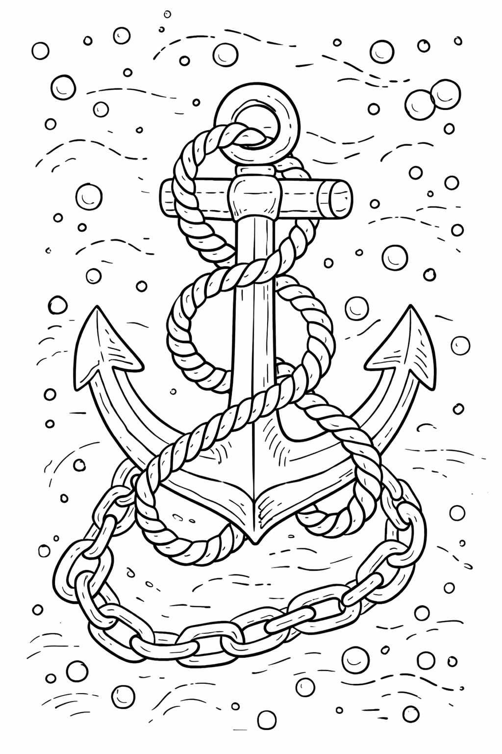 A detailed anchor wrapped with rope, surrounded by bubbles and flowing waves, offering children a nautical-themed coloring opportunity to enhance creativity.