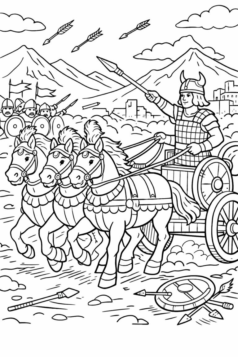 A detailed ancient battle scene depicting a warrior in a chariot, three horses, soldiers, mountains, and arrows filling the sky.