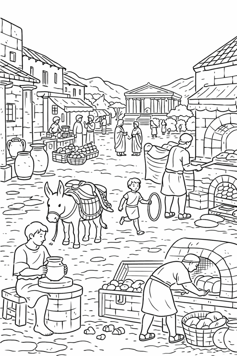 A detailed coloring page depicts an ancient market scene with people interacting, selling goods, and a picturesque backdrop featuring a temple, ideal for children to learn and color.