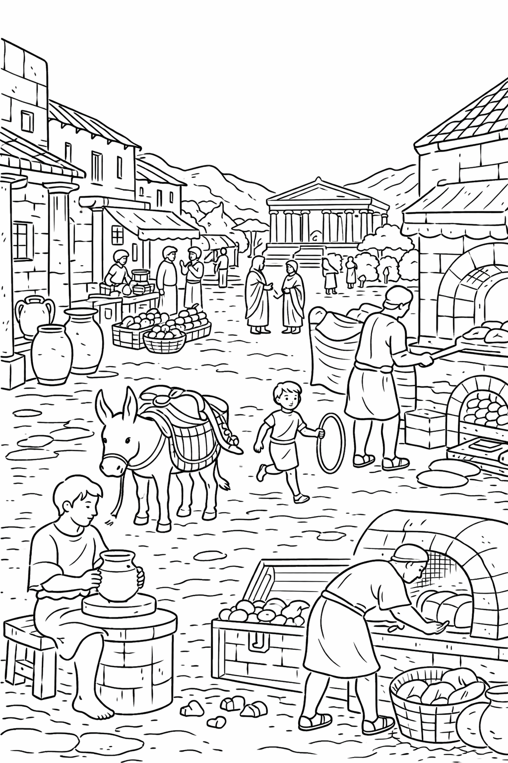 A detailed coloring page depicts an ancient market scene with people interacting, selling goods, and a picturesque backdrop featuring a temple, ideal for children to learn and color.