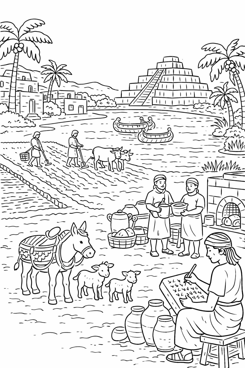 Coloring page showing ancient Mesopotamia with farmers, traders, a scribe, animals, and a river, illustrating historical daily life.
