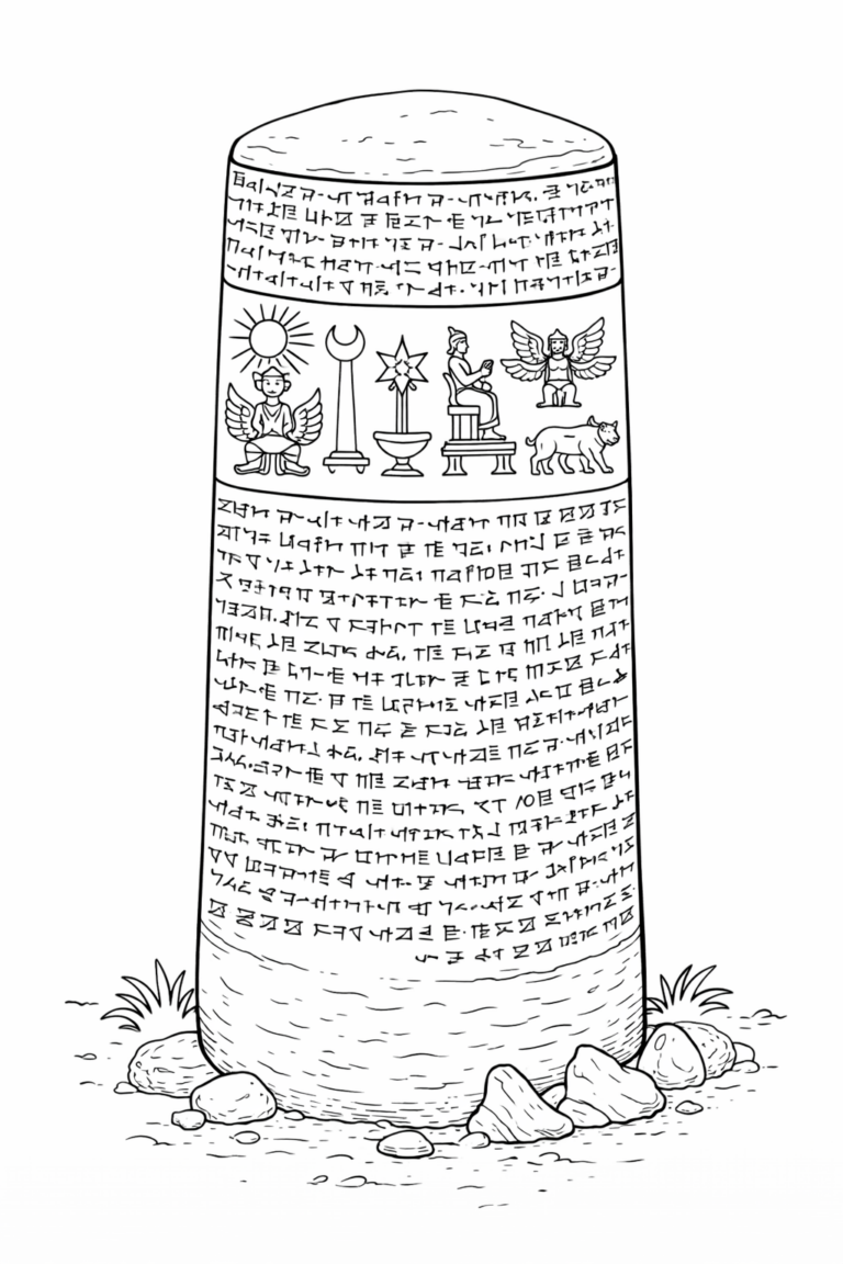 Detailed coloring page of an ancient monument with symbols and inscriptions. Children can explore historical art and bring it to life with colors, fostering creativity and interest in history.