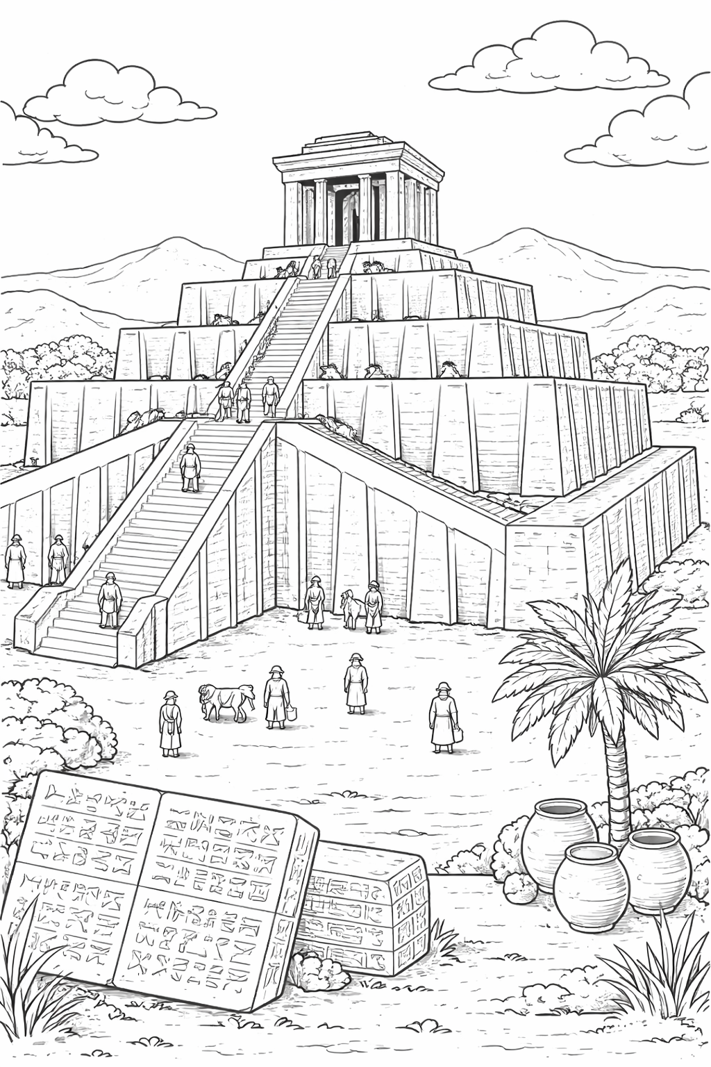 Intricate coloring page showing an ancient pyramid with steps and numerous people in historical attire, set amidst a natural landscape with trees and artifacts.