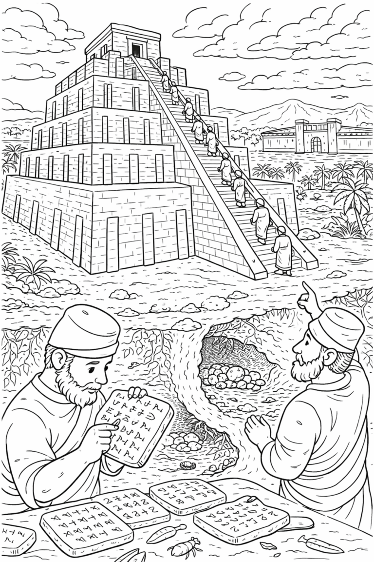 An ancient ziggurat with people climbing and two figures studying cuneiform tablets, offering a detailed scene for coloring.